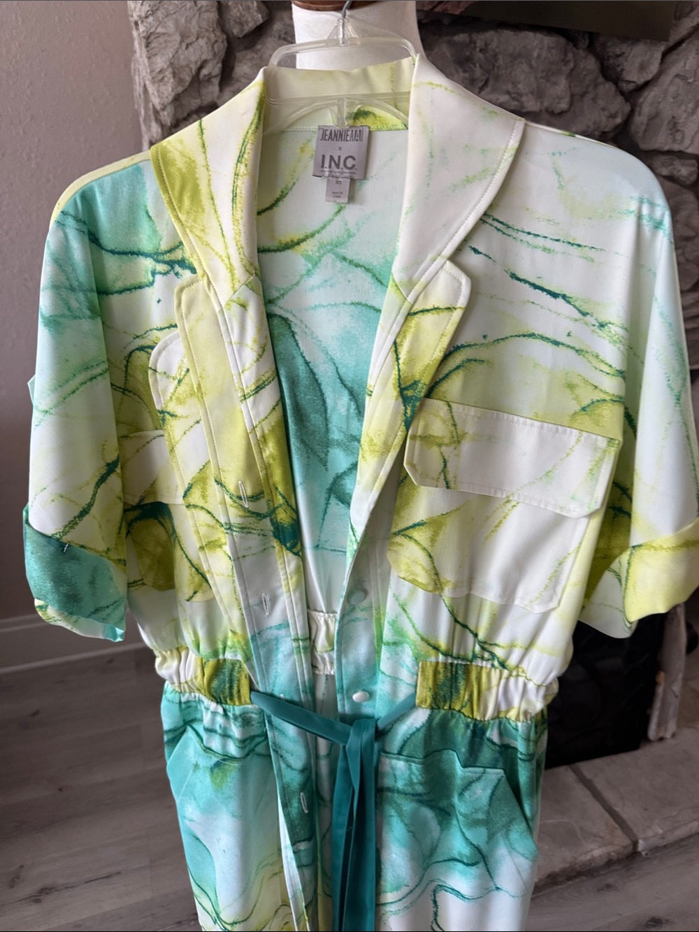 INC International Concepts Green & Yellow Marble Print Jumpsuit - Picture 2 of 5